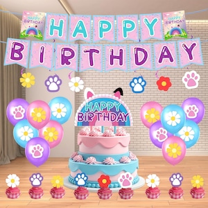 Decoración de cumpleaños para casa de muñecas Gabby: pancarta, globos, adornos para tartas y cupcakes de Gabby, decoración de cumpleaños con dibujos animados, artículos para fiestas infantiles.
