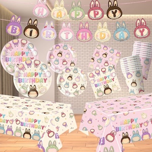 Labubu Birthday Party Decor - Labubu Banner, Balloons, Cake & Cupcake Toppers | Labubu Birthday Invitation Cards | Cute Kids Party Supplies