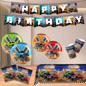Monster Truck Birthday Party Decor - Monster Truck Banner, Balloons, Cake & Cupcake Toppers | Truck Birthday Supplies | Kids Party Supplies
