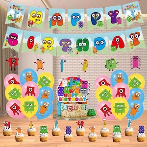 Numberblocks Birthday Party Decor Set - Numberblocks Banner, Balloons, Cake & Cupcake Toppers | Cartoon Birthday Decor | Kid Party Supplies