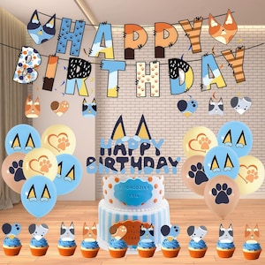 Bluey Birthday Party Decor Set - Bluey Banner, Balloons, Cake & Cupcake Toppers | Cartoon Blue Birthday Decor Set | Cute Kids Party Supplies