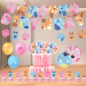 Bluey Birthday Party Decor Set - Bluey Banner, Balloons, Cake & Cupcake Toppers | Cartoon Pink Birthday Decor Set | Cute Kids Party Supplies
