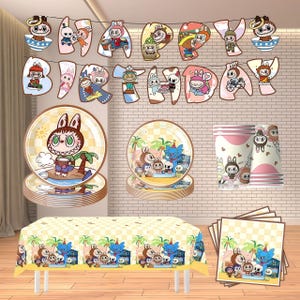 Labubu Birthday Party Decor - Labubu Banner, Balloons, Cake & Cupcake Toppers | Labubu Birthday Invitation Cards | Cute Kids Party Supplies