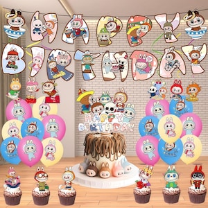 Labubu Birthday Party Decor Set - Labubu Banner, Balloons, Cake & Cupcake Toppers | Cartoon Birthday Decor Set | Cute Kids Party Supplies