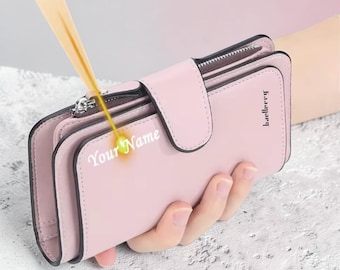 名入れ可能な長財布、カスタム刻印入り、名前とロゴ入り、PUレザー製、女性用カードホルダー、財布、彼女へのギフト