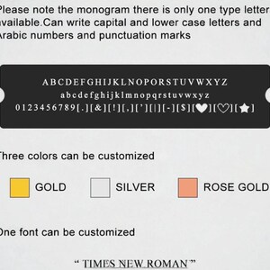 Puede incluir: Imagen que muestra las opciones de personalizaci&oacute;n de un monograma. Muestra letras may&uacute;sculas y min&uacute;sculas, n&uacute;meros y signos de puntuaci&oacute;n disponibles. Tres opciones de color: oro, plata y oro rosa. La fuente es Times New Roman.