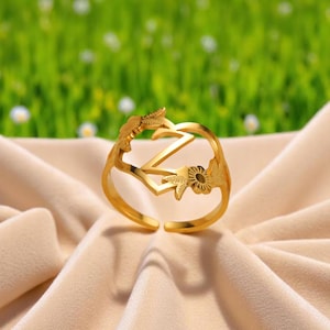 Anillo con inicial de la A a la Z: anillo de acero inoxidable con forma de corazón y hoja para parejas, regalo personalizado para hombres y mujeres.