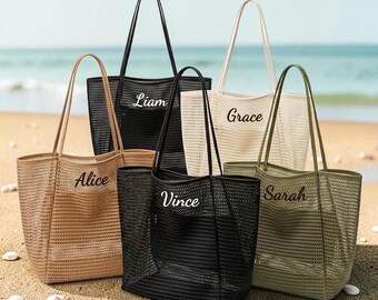 Personalized Embroidered Mesh Tote Bag Custom Shoulder Bag Summer Beach Bag Lightweight Market Tote Stylish Everyday Handbag Gift for Her