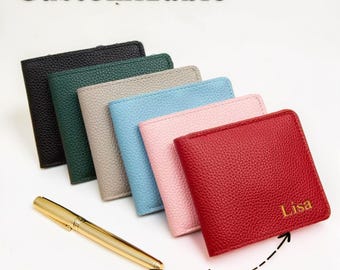 Cartera personalizada de piel sintética con nombre personalizado, cartera plegable delgada con tarjetero y ventana para identificación, cartera minimalista unisex, regalo