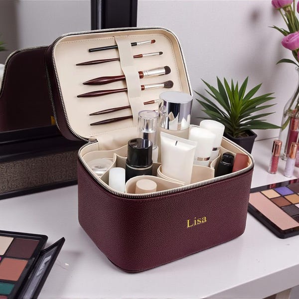 Personalized Makeup Bag, Double Layer PU Leather Cosmetic Organizer