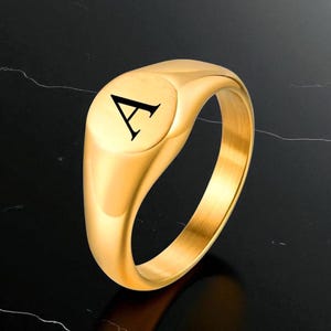 Gold Initial Signet Ring: 18K Plated Stainless Steel, Personalized Letter