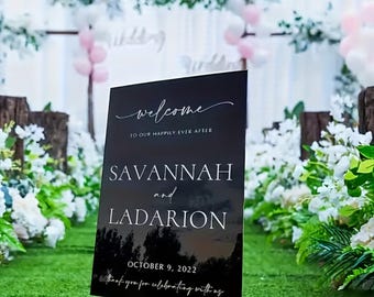 パーソナライズされた黒のアクリル製ウェルカムサイン：エレガントな結婚式、パーティー、イベントの装飾（スタンドは含まれません）