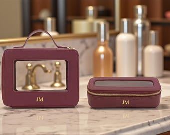 Personalized Leather Cosmetic Bag Set: Saffiano Makeup Organizer