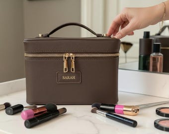 Neceser de piel ecológica personalizado: organizador de maquillaje y artículos de aseo de viaje de gran capacidad