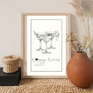 Happy Hour Cocktail Poster Minimalist Drink Wall Decor Digital Drink Poster Bar Cart Print Cheers Glass Print Black and White Drink Poster