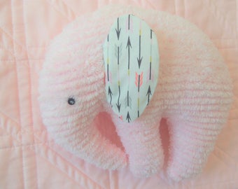 Elephant Plushie, Pink Chenille, ears are  White with Black, Grey and Pink Arrows, Boho