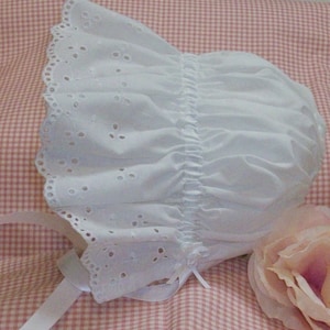 Sun Bonnet, Baby Bonnet, Easter Bonnet Pretty All White Cotton with Eyelet Ruffle, Trimmed with Satin Ribbon and Pearl image 3