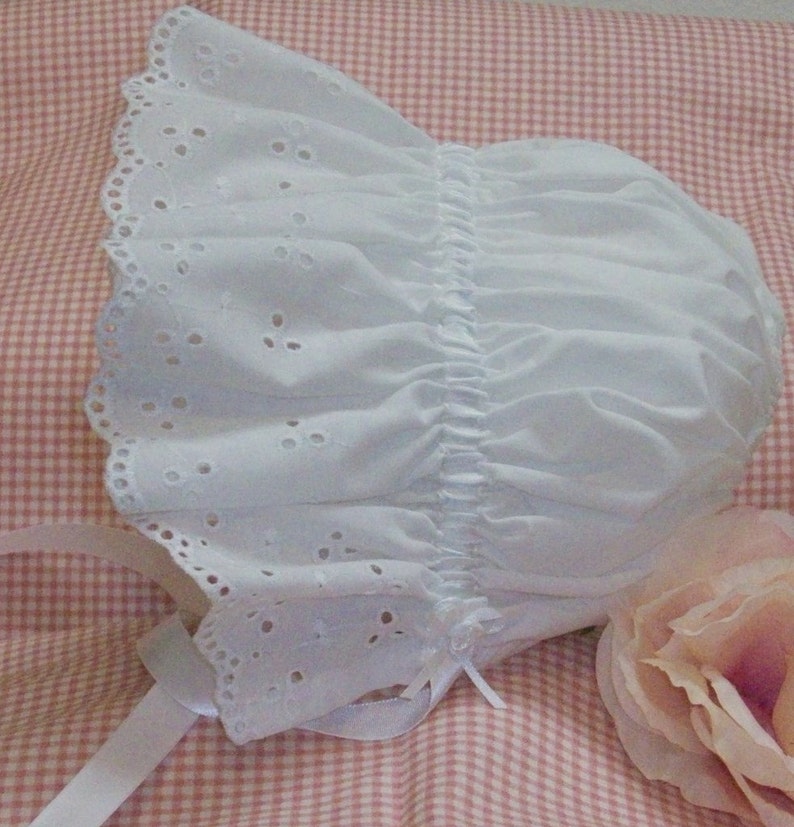 Sun Bonnet, Baby Bonnet, Easter Bonnet Pretty All White Cotton with Eyelet Ruffle, Trimmed with Satin Ribbon and Pearl image 3