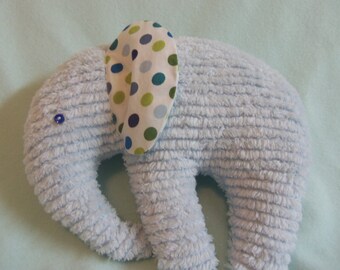 Stuffed Chenille Elephant, Blue, ears are White with Dark blue Light Blue and Olive Green dots