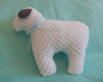 Stuffed Lamb, White with Charcoal Grey ears and sheer blue ribbon