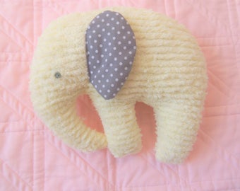 Elephant Plushie, Yellow Chenille, ears are Charcoal Grey with White Dots