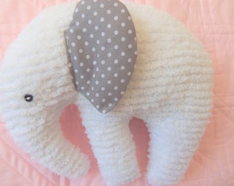 Elephant Plushie, White Chenille, ears are Charcoal Grey with White Dots