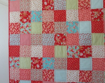 Baby, Toddler Quilt, Red and Aqua,