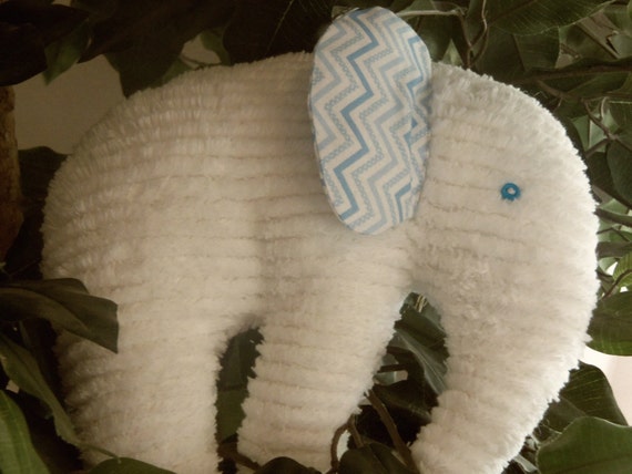 White Chenille body ears are White with Grey Chevron Print Stuffed Elephant