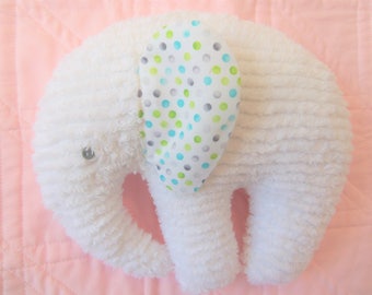 Elephant Plushie, White Chenille, ears are  White with Black, Grey, Lime Green and Turqouis Dots