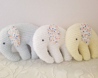 Elephant Plushie, Stuffed Elephant, White cotton chenille, baby room decor, baby shower gift, floral on white ears