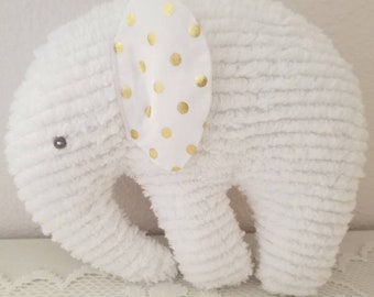 Elephant Plushie, Stuffed Elephant, White cotton chenille, baby room decor, baby shower gift, metallic gold dots on white ears