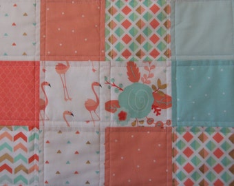 Baby quilt, Coral and Aqua and Metalic Gold, Roses, Flamingos