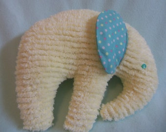 Stuffed Chenille Elephant, Yellow, ears are Turquoise with Hot Pink, Light Pink and Yellow dots