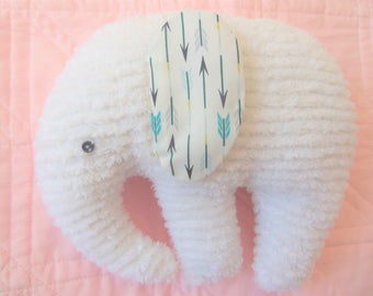 Elephant Plushie, White Chenille, ears are  White with Black, Grey and Blue Arrows, Boho style