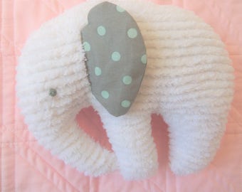 Elephant Plushie, White Chenille, ears are Charcoal Grey with Aqua Dots
