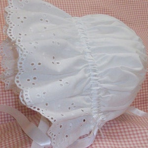 Sun Bonnet, Baby Bonnet, Easter Bonnet Pretty All White Cotton with Eyelet Ruffle, Trimmed with Satin Ribbon and Pearl image 1