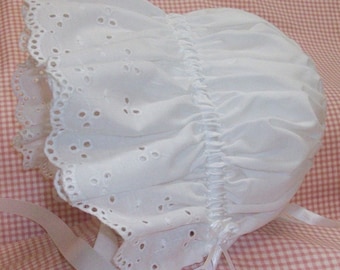 Sun Bonnet, Baby Bonnet, Easter Bonnet Pretty All White Cotton with Eyelet Ruffle,  Trimmed with Satin Ribbon and Pearl