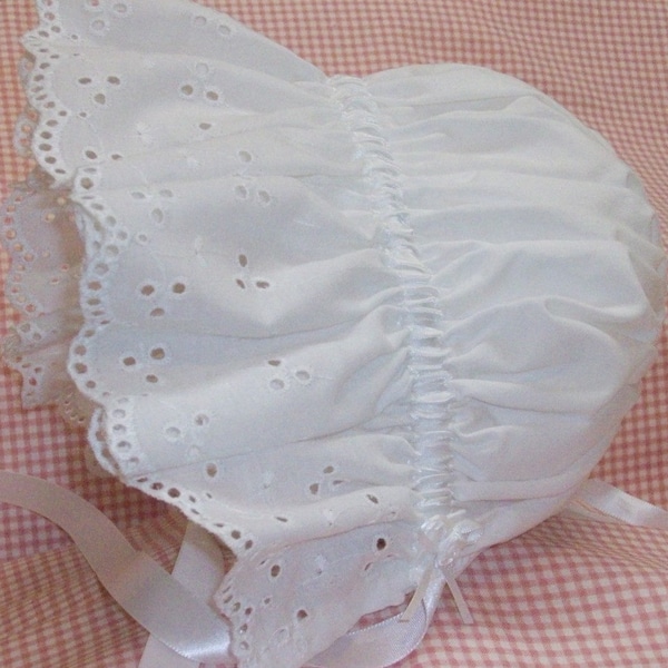 Sun Bonnet, Baby Bonnet, Easter Bonnet Pretty All White Cotton with Eyelet Ruffle,  Trimmed with Satin Ribbon and Pearl