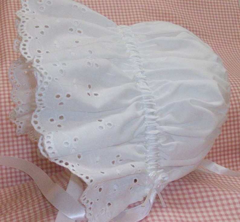 Sun Bonnet, Baby Bonnet, Easter Bonnet Pretty All White Cotton with Eyelet Ruffle, Trimmed with Satin Ribbon and Pearl image 1