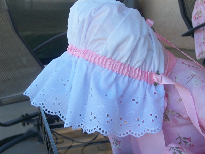 Sun Bonnet, Baby Bonnet, Easter Bonnet Pretty All White Cotton with Eyelet Ruffle, Trimmed with Satin Ribbon and Pearl image 4
