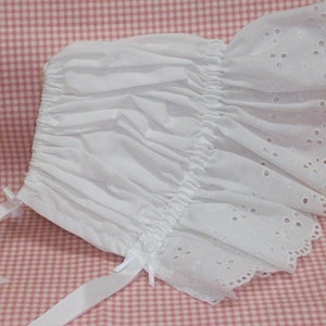 Sun Bonnet, Baby Bonnet, Easter Bonnet Pretty All White Cotton with Eyelet Ruffle, Trimmed with Satin Ribbon and Pearl image 2