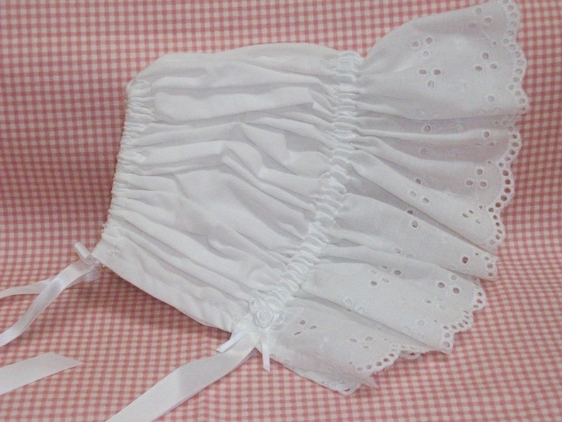 Sun Bonnet, Baby Bonnet, Easter Bonnet Pretty All White Cotton with Eyelet Ruffle, Trimmed with Satin Ribbon and Pearl image 2