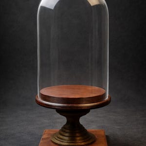 Puede incluir: Una campana de cristal transparente con la parte superior redondeada, colocada sobre una base y un pedestal de madera oscura. La base es cuadrada y el pedestal tiene un diseño torneado decorativo. La campana está vacía.