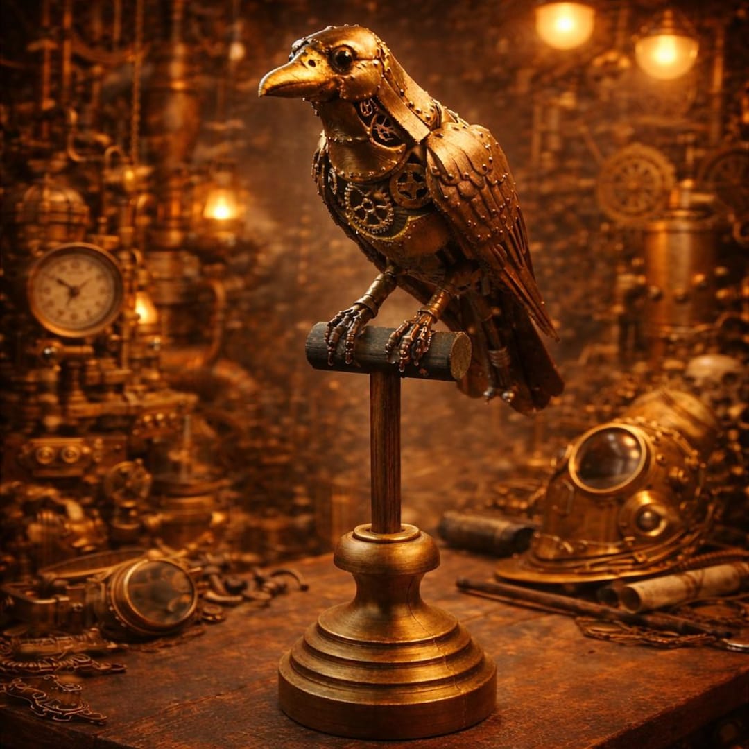 Steampunk Raven Sculpture – Bronze Mechanical Crow on Display Stand ...