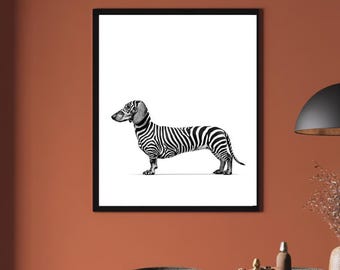 Arte de parede engraçada com Dachshund, estampa de cachorro salsicha, decoração em preto e branco, download digital de arte de Dachshund, presente divertido para amantes de cães