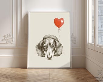 Impression teckel, art mural chien saucisse, cadeau chien saucisse, poster chien mignon, cadeau pour amoureux des chiens, ballon coeur chien triste, téléchargement numérique