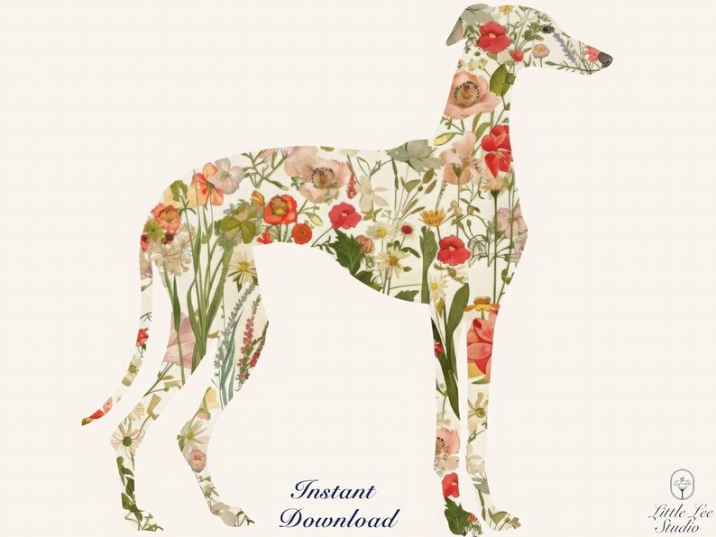 Greyhound Wall Art Print, Floral Greyhound Silhouette, Botanical Dog Art Printable, Digital Greyhound Decor image 7