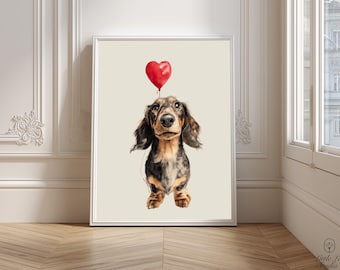 Long Haired Dachshund Wall Art Print, Watercolor Sausage Dog with heart balloon, Dachshund Gift, Puppy Nursery Decor, Digital Download