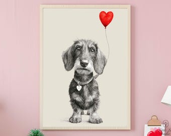 Impression d'art mural teckel à poil métallique, illustration de croquis de chien saucisse, cadeau teckel, chambre de bébé et décoration d'intérieur, téléchargement numérique