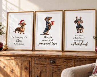 May include: Three framed wall art prints featuring dachshunds with Christmas themes. The first shows a dog in a Santa hat with text I'm Dreaming of a Chew Christmas. The second shows a dog holding a gift with text This gift comes with paws and love. The third shows a dog with reindeer antlers and a red nose with text Who needs a Reindeer when you have a Dachshund.